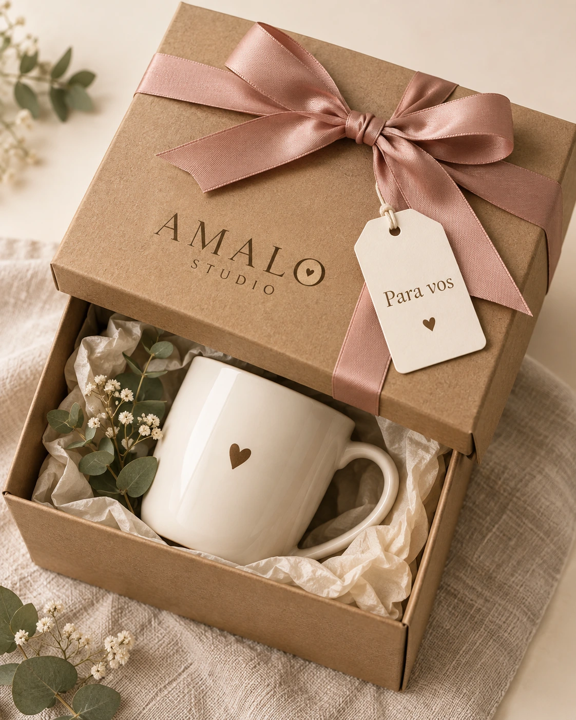 Caja de regalo Amalo con moño rosa, tarjeta Para vos y taza con un corazón