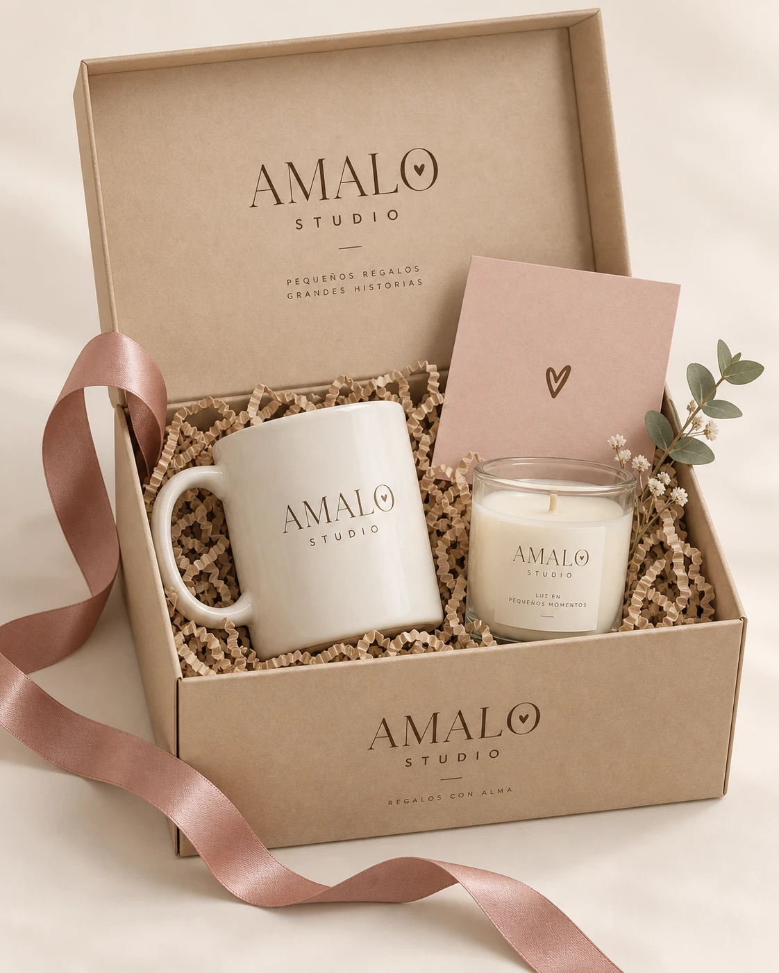Caja kraft con taza, vela y tarjeta, decorada con cinta rosa
